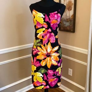 Floral Sheath Dress in Black with Pink & Yellow Accents